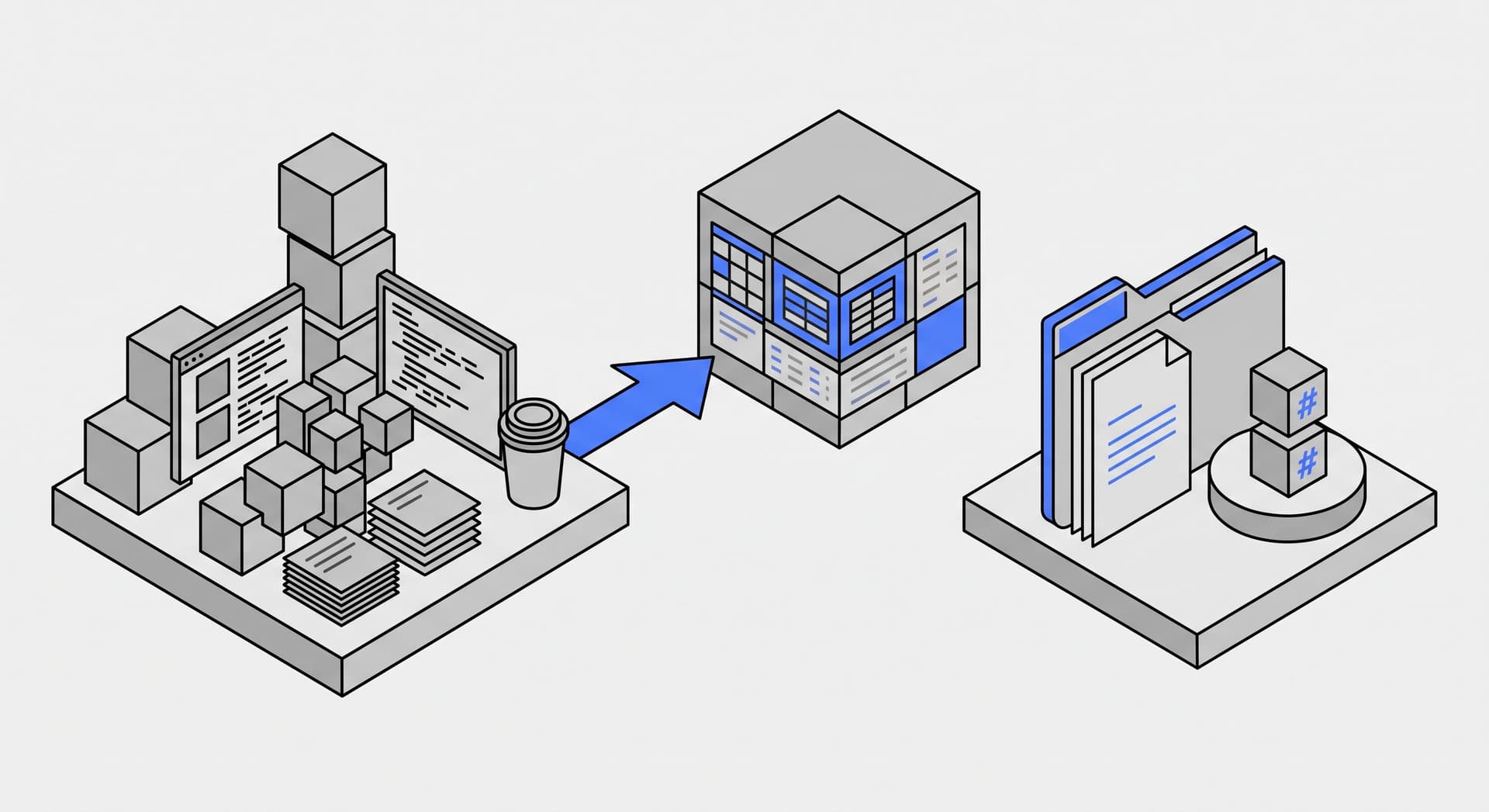 A messy workspace of notes and screens flowing into a structured project cube, then out as a tidy labelled folder.