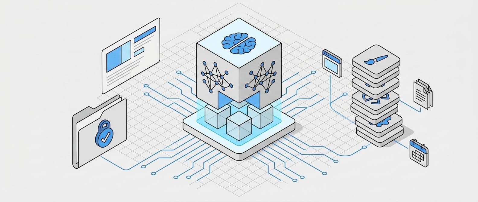 A central intelligence cube with a brain icon, circuit traces to a granted folder, client Project card, skill tiles, and connectors.