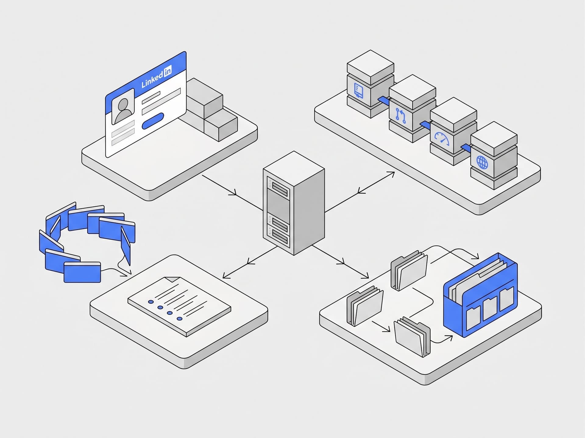 A central server branching to LinkedIn, a publish pipeline, research documents, and organised Drive folders.