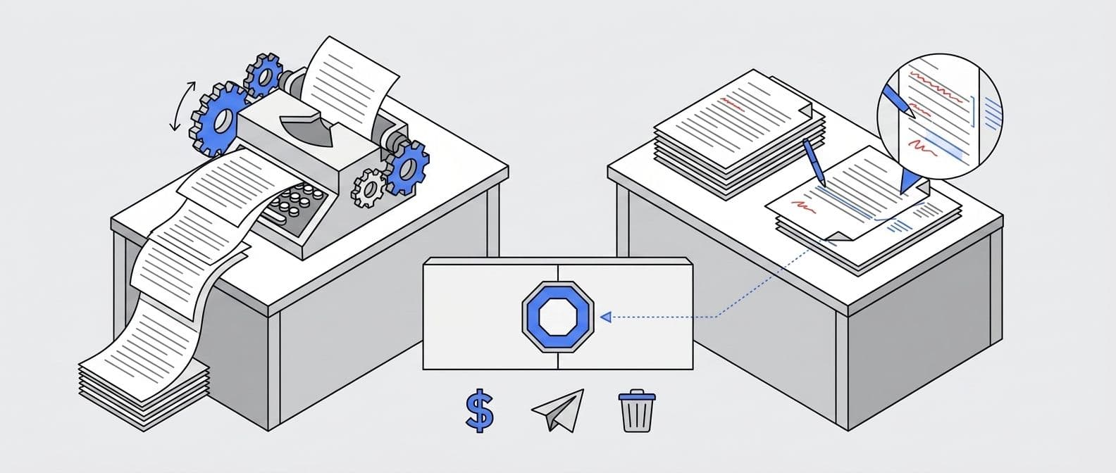 An automated typewriter producing draft pages on the left, a human editorial pass with red corrections on the right, and a permission gate for money, send, and delete.