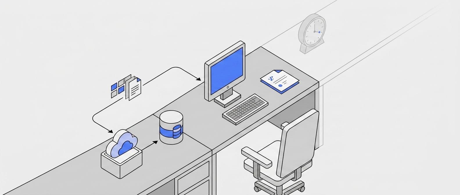 An after-hours office desk with a lit computer, files moving between cloud and disk, and an empty chair.